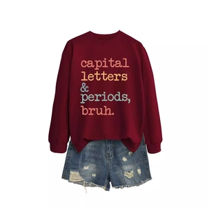 Dark red sweatshirt with 'capital letters & periods, bruh' print and denim shorts set