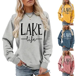 Women's Casual Round Neck Long Sleeve Sweatshirt Loose Fit Pullover Top With LAKE Life Letter Print Fashion Streetwear
