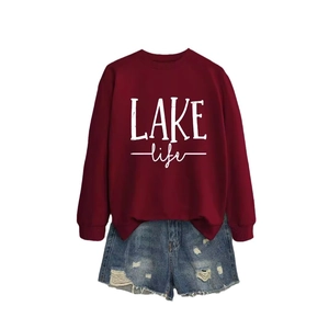 Burgundy round neck sweatshirt with LAKE life print paired with denim shorts