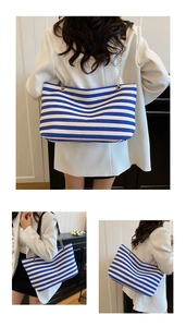 Three views showing the capacity and fit of the blue and white striped canvas tote bag