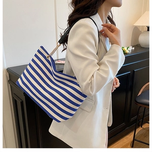 Blue and white striped canvas tote bag with chain strap shown on a model's shoulder