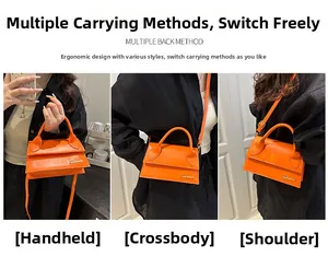 Three-way wear guide for orange leather mini bag showing handheld and crossbody styles