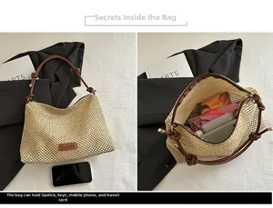 Detail view of khaki woven beach tote bag featuring large main compartment and leather strap