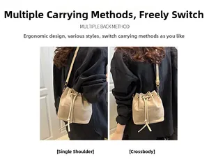Detail of beige wool bucket bag showing versatile shoulder and crossbody styling