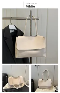 Detailed views of a white PU leather tote bag with flap closure and slender shoulder straps