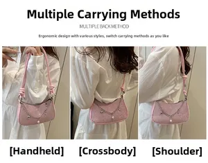 Sac à paillettes rose montrant trois modes de port: à main, en bandoulière et à l'épaule