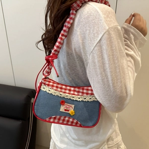 Sweet denim underarm bag with red gingham trim and cherry floral lace embroidery