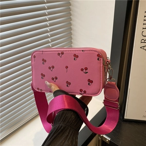 Cute Cherry Print PU Leather Crossbody Bag For Women Trendy Wide Strap Camera Bag Casual Daily Shoulder Bag Small Square Bag