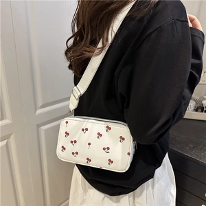 Cute white shoulder bag with red cherry prints and adjustable strap for women