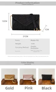 Size chart and specifications for the rhinestone envelope clutch bag with dimensions