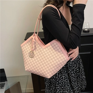 Pink monogram tote bag with letter M pattern and metal charm for women's daily fashion