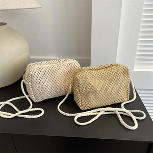 Minimalist woven straw crossbody bag for women in off-white and light brown summer styles