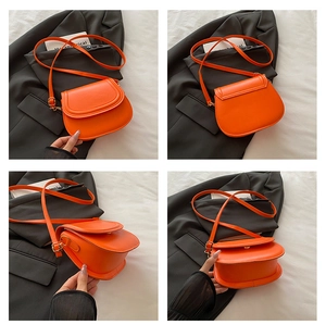 Detailed views of the orange saddle bag showing front, back and interior opening