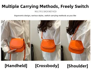 Orange leather saddle bag shown in three styles: handbag, crossbody, and shoulder bag