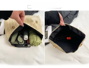 Detail view of woven straw bag interior showing large capacity and magnetic buckles