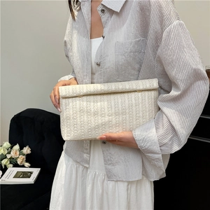 Large capacity beige straw textured envelope clutch bag with metal clasp for women