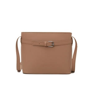 Minimalist camel bucket bag for women featuring silver buckle and textured leather finish