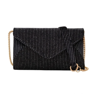 Elegant black envelope bag with silver rhinestones and gold chain strap on white background
