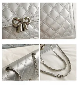 Détails du sac matelassé argenté avec fermoir nœud et bandoulière réglable