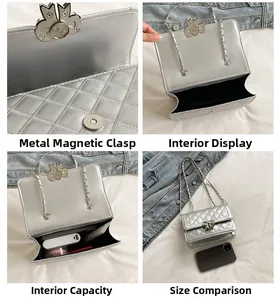 Détails du sac bandoulière argenté matelassé avec fermoir magnétique et rangement
