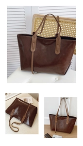Detail shots of large dark brown tote bag with slim tan straps for chic commuting style