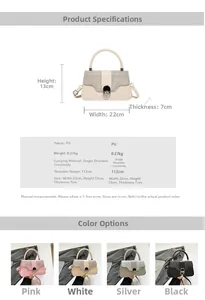 Detail view of sparkly PU leather handbag specs and four color variants in 22x13x7cm