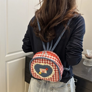 Mini gingham backpack for women featuring a denim heart patch and cherry embroidery