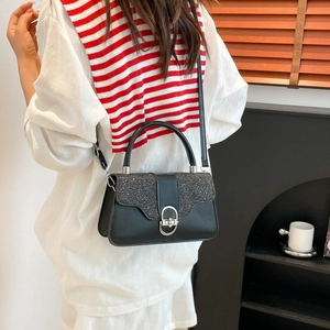 Elegant black PU leather handbag with glitter flap and silver buckle for women