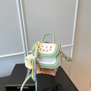Cute Cherry Embroidered Mini Crossbody Bag For Little Girls Kids PU Leather Small Square Handbag With Moon Pendant Sweet Fashion Bag