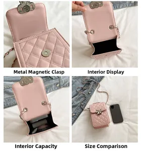 Detail of pink quilted crossbody bag with silver bow hardware and internal capacity view