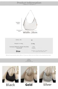 Spécifications de taille pour le sac bandoulière croissant en noir, or et argent