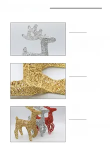 Detailed view of hollow wrought iron deer figurines with glitter coating in gold, silver, red