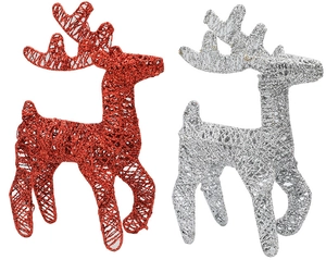 Detailed view of 25cm woven iron Christmas reindeer in red and silver glitter finish