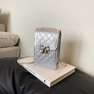 Women Quilted Rhombic PU Leather Phone Bag With Metal Bow Buckle And Chain Strap Crossbody Bag Mini Shoulder Bag