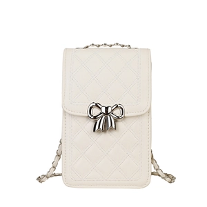 White quilted leather mini crossbody phone bag with silver metal bow and chain strap