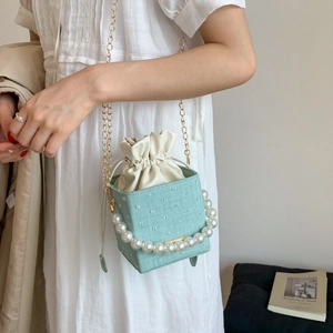 Light green checkered bucket bag with pearl handle and golden chain strap in a lifestyle shot