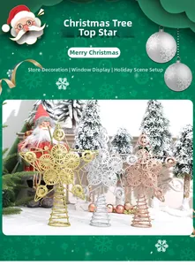 Detailed view of glittery iron Christmas tree toppers in gold, silver and rose gold finishes