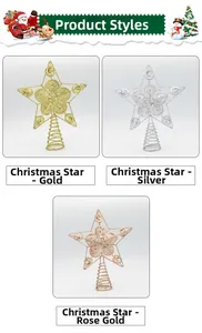 Close-up of glittered hollow metal star tree toppers in gold, silver, and rose gold