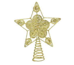 Close-up of golden glitter star tree topper with circular patterns and spiral base