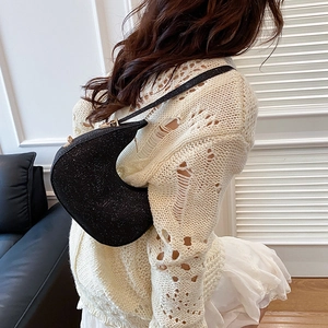 Minimalist black glitter crescent shoulder bag with gold hardware for women