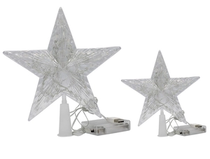 Detailansicht der LED-Stern-Christbaumspitzen in zwei Größen mit USB- und Batteriebetrieb