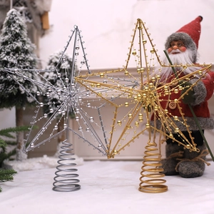 Cimier de Sapin de Noël en Étoile Creuse en Fer Avec Décoration en Chaîne de Perles Or Argent Ornement de Fête pour Maison