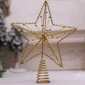 Étoile de Noël en fer doré creux de 25cm avec perles et base à ressort pour sapin