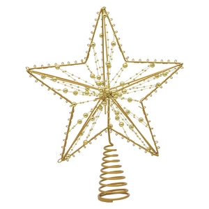 Cime de sapin en forme d'étoile dorée avec perles décoratives et base en spirale en fer