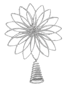 Silver glitter star tree topper with a floral radial design and spiral base detail