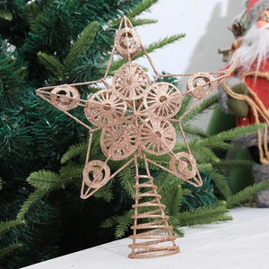 Rose gold Christmas tree topper star with hollow glitter design and spiral iron base