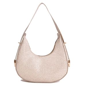 Minimalist beige woven hobo crescent shoulder bag with golden metallic hardware details