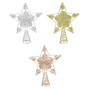 Set of glittery iron hollow star tree toppers in gold, silver and rose gold finishes