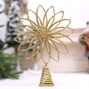 Glittery gold metal star Christmas tree topper with snowflake petal design and spring base