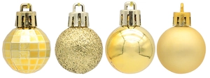 Detail of four golden Christmas balls with faceted, glitter, shiny and matte finishes